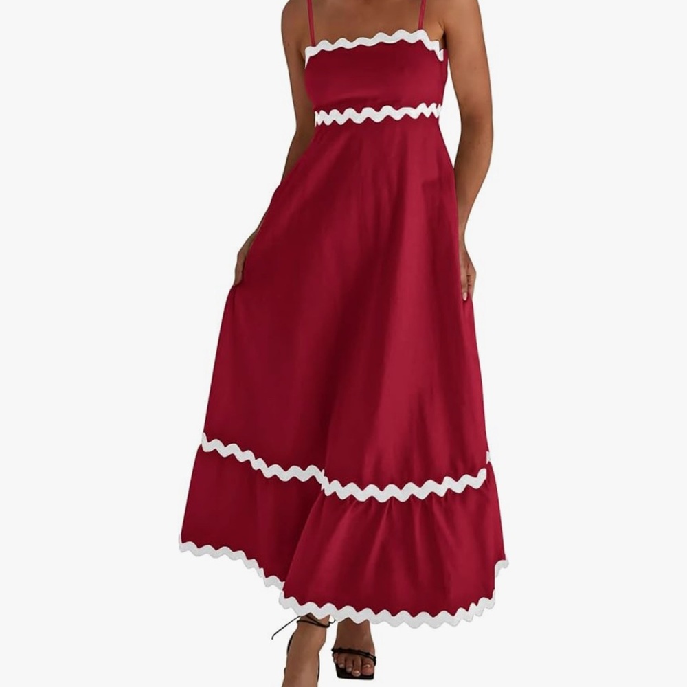 Elegant Red Maxi Dress with White Trim